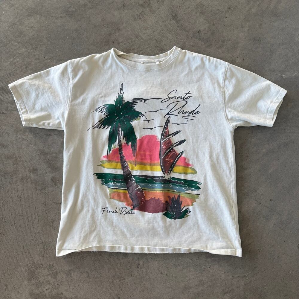 Rhude French Riviera Santo Graphic Tee Vintage White SS25 Palm Tree Men's Small